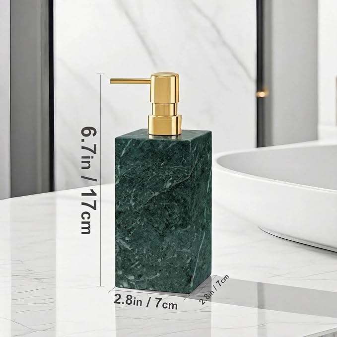 Real Natural Marble Soap Dispenser with Stainless Steel Pump Decorative Liquid Hand Soap Bottle for Kitchen Bathroom, Compatible with Lotion, Dish Soap Shower Gel (Green 1 Set)