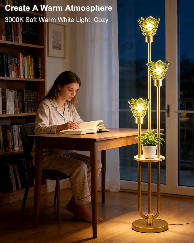 3-Light Modern Glass Floor Lamp with Shelf, Gold Tall Standing Lamp with Green Flower Glass Shade, LED Floor Lamp with Foot Switch& 5Lbs Heavy Base for Living Room Bedroom, Bulb Included
