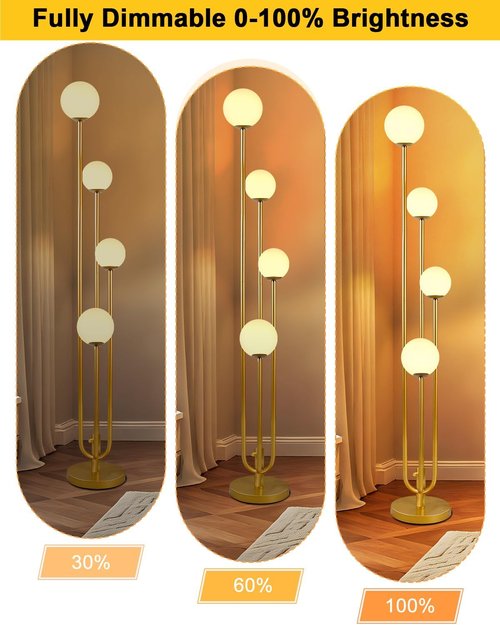 Lightdot Gold Globe Floor Lamp - Dimmable 4-Light Modern Design with 3000K Bulbs for Living Room & Bedroom Decor