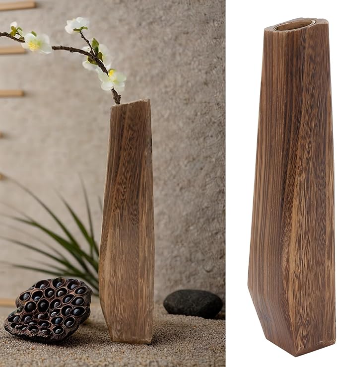 PONDON Decorative Tall Wood Vase for Dried Flowers, Rustic Flowerpot, Burnt Paulownia Plant Pot, Adds Elegance to Home Office Cafe