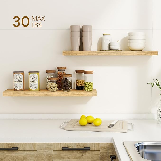 Dreamland 30Inch Floating Shelves for Wall, Rustic Wooden Floating Shelves for Bathroom|Bedroom|Kitchen, 2 Pack Deep Wall Mounted Book Shelf, Wood Storage Display Shelf for Home Decor, Oak
