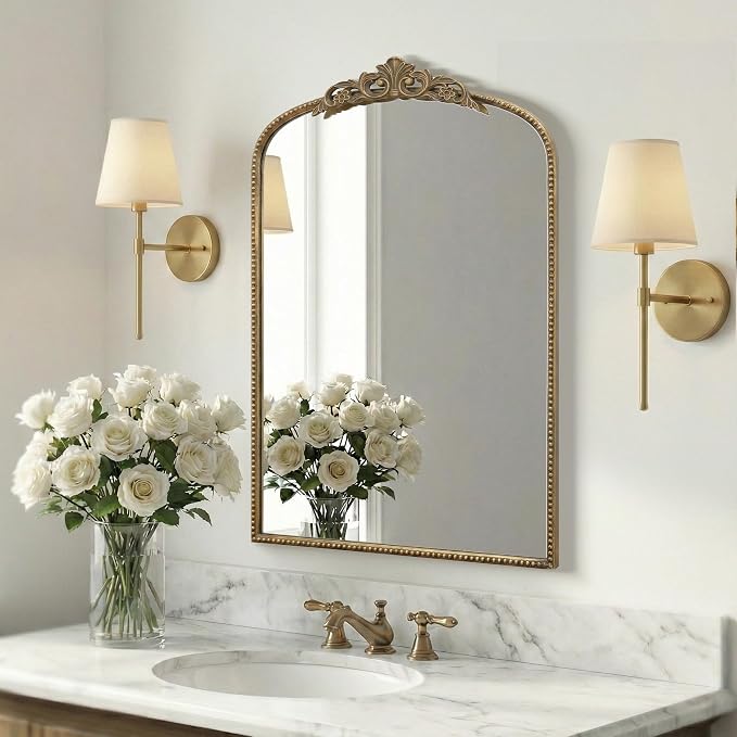 Micasso Ornate Antique Gold Mirror: 24"x36" French Baroque Arched Mirror - Traditional Vintage Decorative for Wall/Mantel/Entryway/Bathroom/Hallway/Living Room - Home Decor for Bathroom