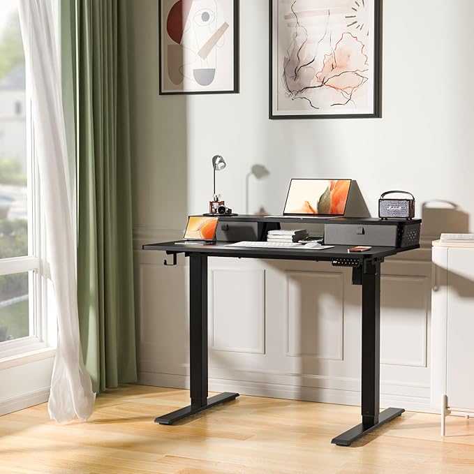 Electric Standing Desk with 2 Drawers 40''x 24'' Small Adjustable Height Sit to Stand Up Desk with Storage Shelf, C-Clamp Mount Compatible Black Home Office Desks Computer Desk Ergonomic Workstation