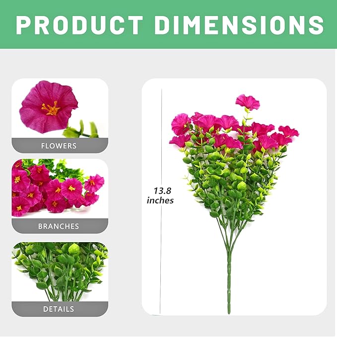 16PCS Artificial Fake Outdoor Flowers Plants, Faux Silk Realistic Morning Glory Floral Arrangement Planter UV Resistant for Porch Patio Window Box Balcony Garden Decor (Eucalyptus 4 Colors)