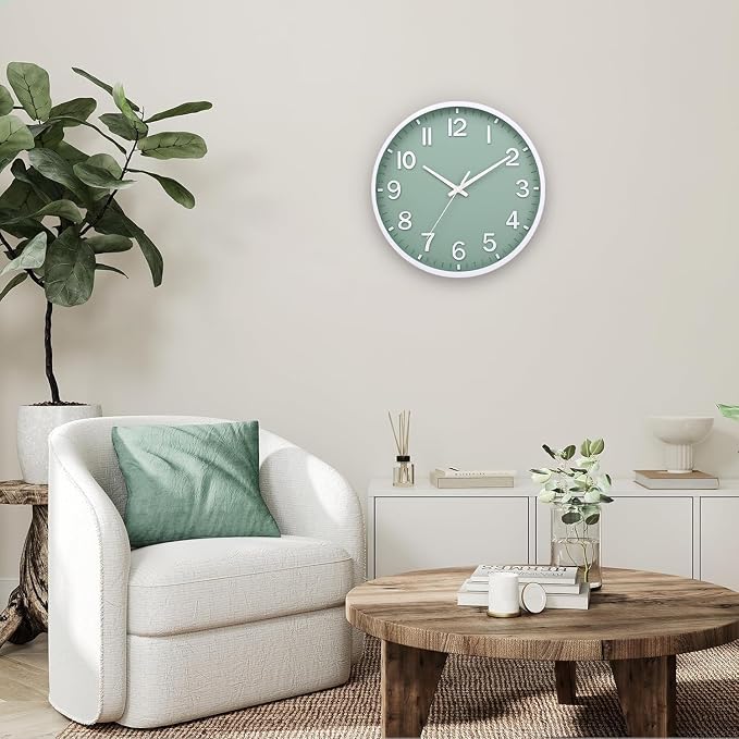 Wall Clocks Battery Operated 10 inch Modern Wall Clock,Silent Non Ticking Wall Clock for Living Room Bedroom Kitchen Office Classroom Decor (Green White)