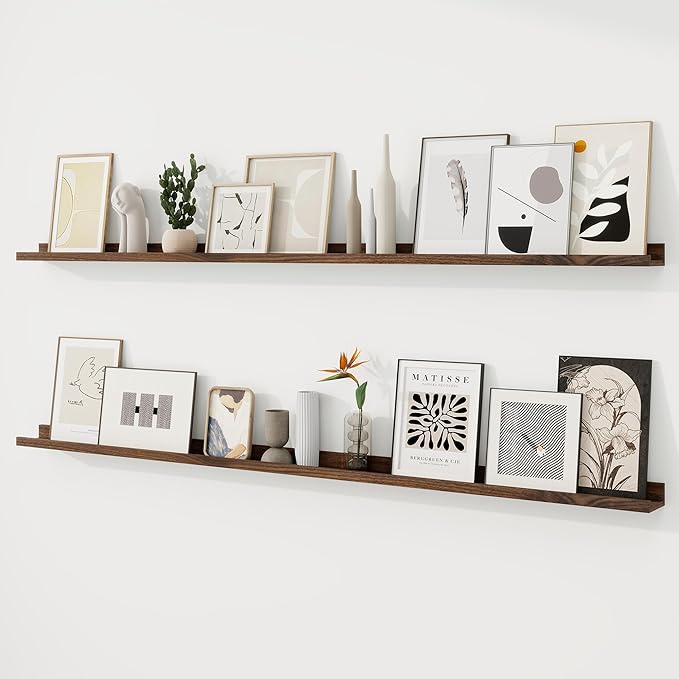 RICHFOCUS Picture Ledge Shelf, 72 inch Floating Shelves Set of 2, Wood Wall Shelves with Lip, Wall Decor Storage for Bedroom Living Room Bathroom Kitchen Nursery Photo Picture, Walnut