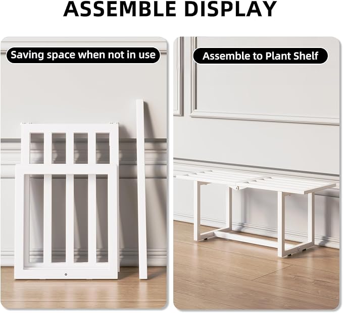 Plant Stand Indoor Outdoor, Foldable Metal Plant Shelf for Multiple Pots, Mid Century Slatted Bench for Patio Garden, Heavy Duty Capacity 330 lbs 2 Pack White