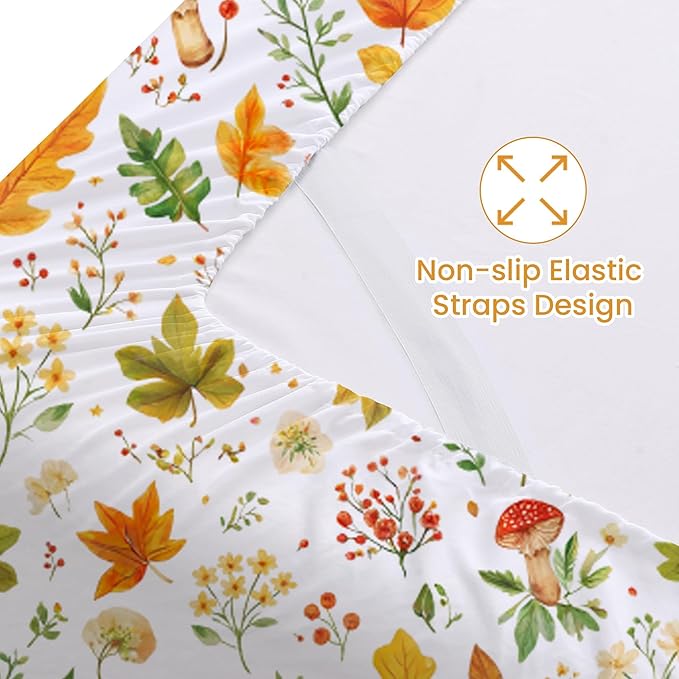 Softan Orange Floral Twin Size Sheet Set, 3-Piece Printed Microfiber Fitted Sheet with 15" Deep Pockets & Non-Slip Straps, Maple Leaves & Mushroom Patterned Bedding Sheets & Pillowcase Set