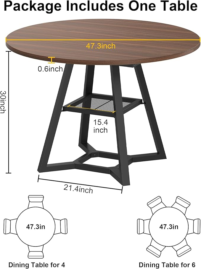 knoworld 47" Round Dining Table for 4, Kitchen Tables Dining Room Circle Dinner Table with Pedestal Metal Frame, Space Saving Wood Industrial Kitchen & Dining Room Tables, Walnut 47In