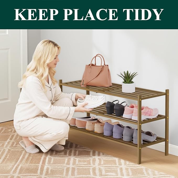 Smiry Long Bamboo Shoe Rack 3-Tier, Stackable Wooden Shoe Organizer for Entryway & Closet, Free Standing Wood Shoe Storage Shelf for Front Door & Small Spaces, Walnut