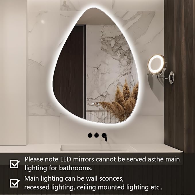 Niccy Irregular LED Bathroom Mirror, 28"x36" Asymmetrical Backlit Vanity Wall Mirrors, Frameless Lighted Mirrors for Bedroom, Living Room, Modern Smart-Mirror with Anti-Fog, Dimmable, Memory Function