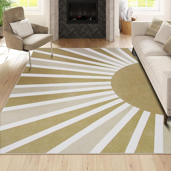 Lahome Rug for Living Room - 5'x7' Area Rug Washable Non-Slip Bedroom Carpet Ultra-Thin Cute Soft Kids Nursery Rug, Boho Rainbow Sun Print Non-Shedding Indoor Rugs for Entryway Office (5'x7', Khaki)