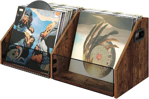 CHOEZON Vinyl Record Storage - Double-Compartment 27.6" Holder with Metal Mesh Organizer | Rustic Brown