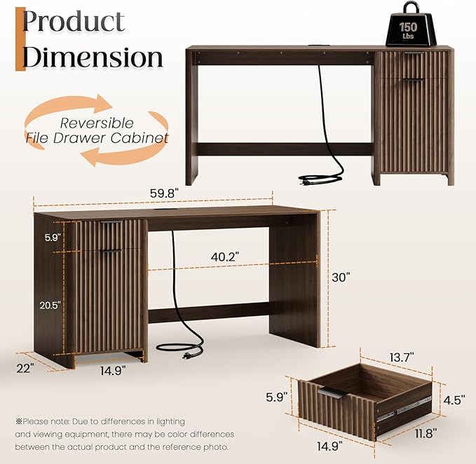 60" Fluted Home Office Desks with Storage, Modern Executive Desk Computer Desk with Drawer & Cabinet, Wood Work Desk for Office, Bedroom, Study, Living Room, Walnut