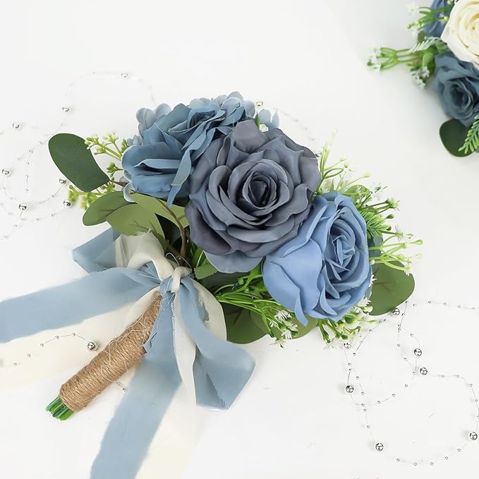 Set of 6 Bridesmaid Bouquets for Wedding - Artificial Bouquets for Bridesmaids Flowers Silk Floral Ceremony Anniversary Centerpieces Decorations - Dusty Blue and White，7 Inch