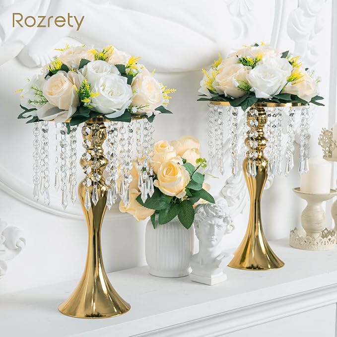 4 Pcs Gold Vases for Centerpieces, 13.5 inch Tall Crystal Flower Stand Wedding Centerpieces for Tables Decorative Metal Flower Vase for Party Anniversary Ceremony Birthday Event Home Decor