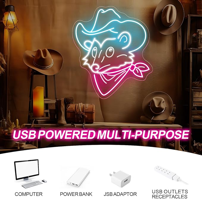Opossum Cowboy Neon Sign, Western Rodeo decor Cowboy Mouse Neon Sign, Cowboy Bar Decor, Gaming Room Decor, Funny Western Opossum Sign, Light up Cute Animal Shape LED Lamp, Unique Home