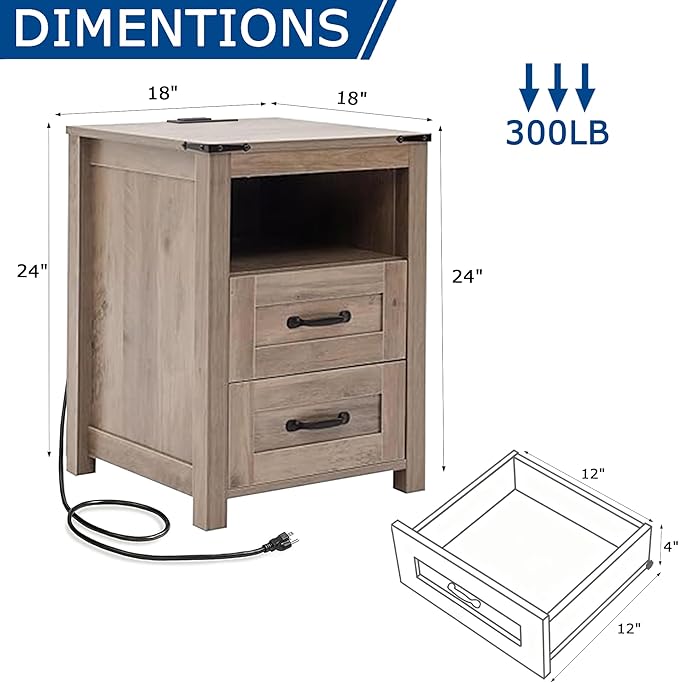 Farmhouse Night Stand, Rustic Sierra Nightstand for Bedroom, End Tables with Charging Station, Bedside Table with Drawers, Wood Bedside Cabinet Dresser