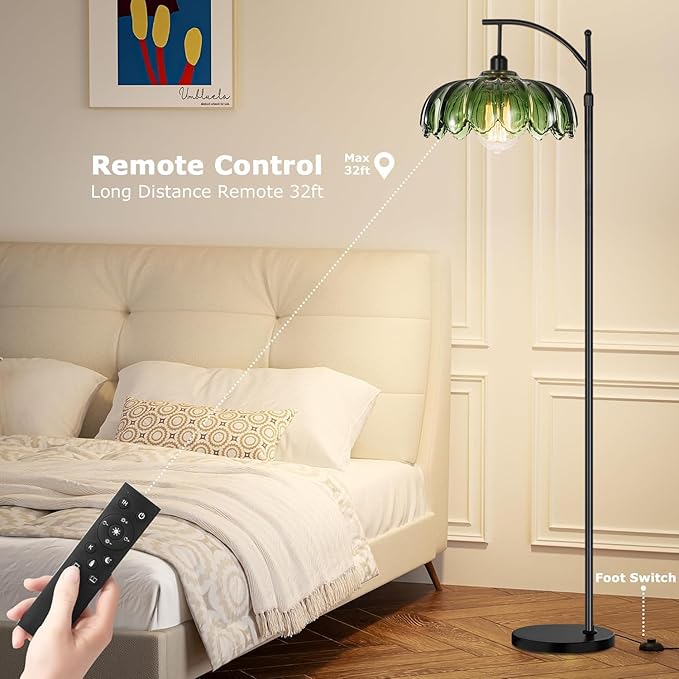 QIYIZM Glass Floor Lamp for Living Room,Bedroom,Gold Dimmable Standing Lamp with Remote,Mid Century Modern Brass Tall Lamp Boho Vintage Retro Floor Lamps Arc Green Flower Floor Light Lamp Bohemian