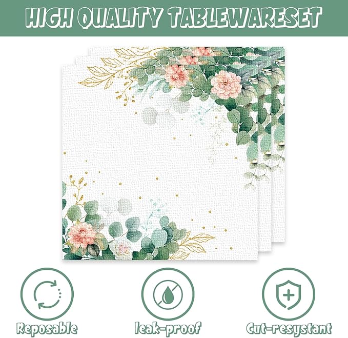 Sage Green Floral Paper Plates and Napkins for Eucalyptus Leaves Birthday Decorations 40Pcs Bridal Baby Shower Decorations Serve 20 Summer Tea Party Plates and Napkins Sets Supplies