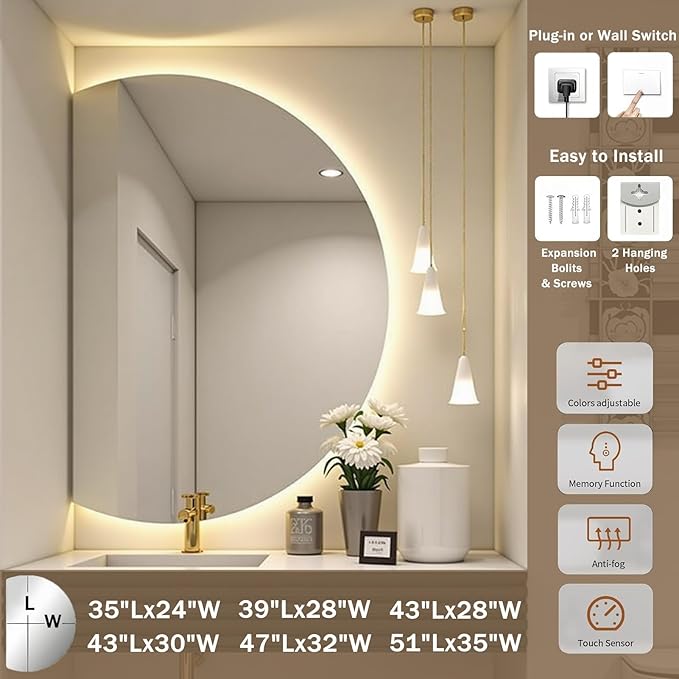 Modern Smart Anti-Fog Bathroom Mirror with Lights, Half Moon LED Wall Mirror, 3 Colors Dimmable Makeup Vanity Mirror, Large Frameless Decorative Mirror for Living Room(Left Cut,35"x24")
