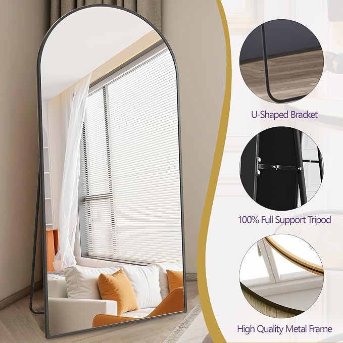 Dewfig Arched Full Length Mirror, 78"x38" Large Floor Mirror with Stand, Oversized Full Body Mirrors for Standing/Leaning/Hanging, Wall Mounted Mirrors for Bedroom, Living Room,Dressing Room, Black