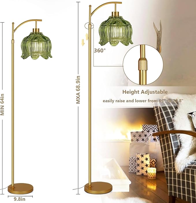 QIYIZM Glass Floor Lamp for Living Room,Bedroom,Gold Dimmable Standing Lamp with Remote,Mid Century Modern Brass Tall Lamp Boho Vintage Floor Lamps Arc Green Tulip Flower Floor Light Lamp Bohemian