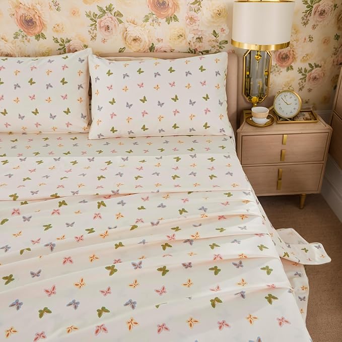 Brandream Bed Sheets for Queen Size Bed, 4 Pieces 100% Egyptian Cotton Farmhouse Sheet Set Butterfly Print Bed Deep Pockets (Cream Ivory)