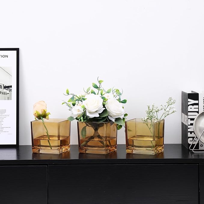 Square Glass Vases Set of 4, 5" x 5" x 5" Amber Flower Vases for Centerpieces, Square Vase for Flowers, Small Vase for Wedding, Party, Home Office Decoration