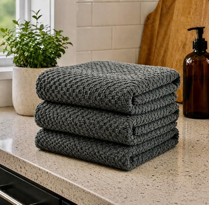Serafina Home Dark Grey Gray Kitchen Hand Dish Towels: Oversized 28" x 18",100% Cotton Cloth Soft Cleaning Drying Absorbent Textured Design, Set of 3 Multipurpose for Everyday Use (Dark Grey)