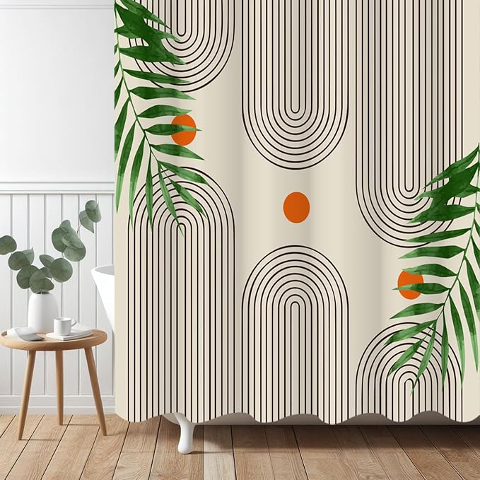 Boho Mid Century Modern Shower Curtain, Abstract Arch Leaf Minimalist Sun Beige Machine Washable Waterproof Fabric for Bathroom Decor Bathtub with Hooks 72x72