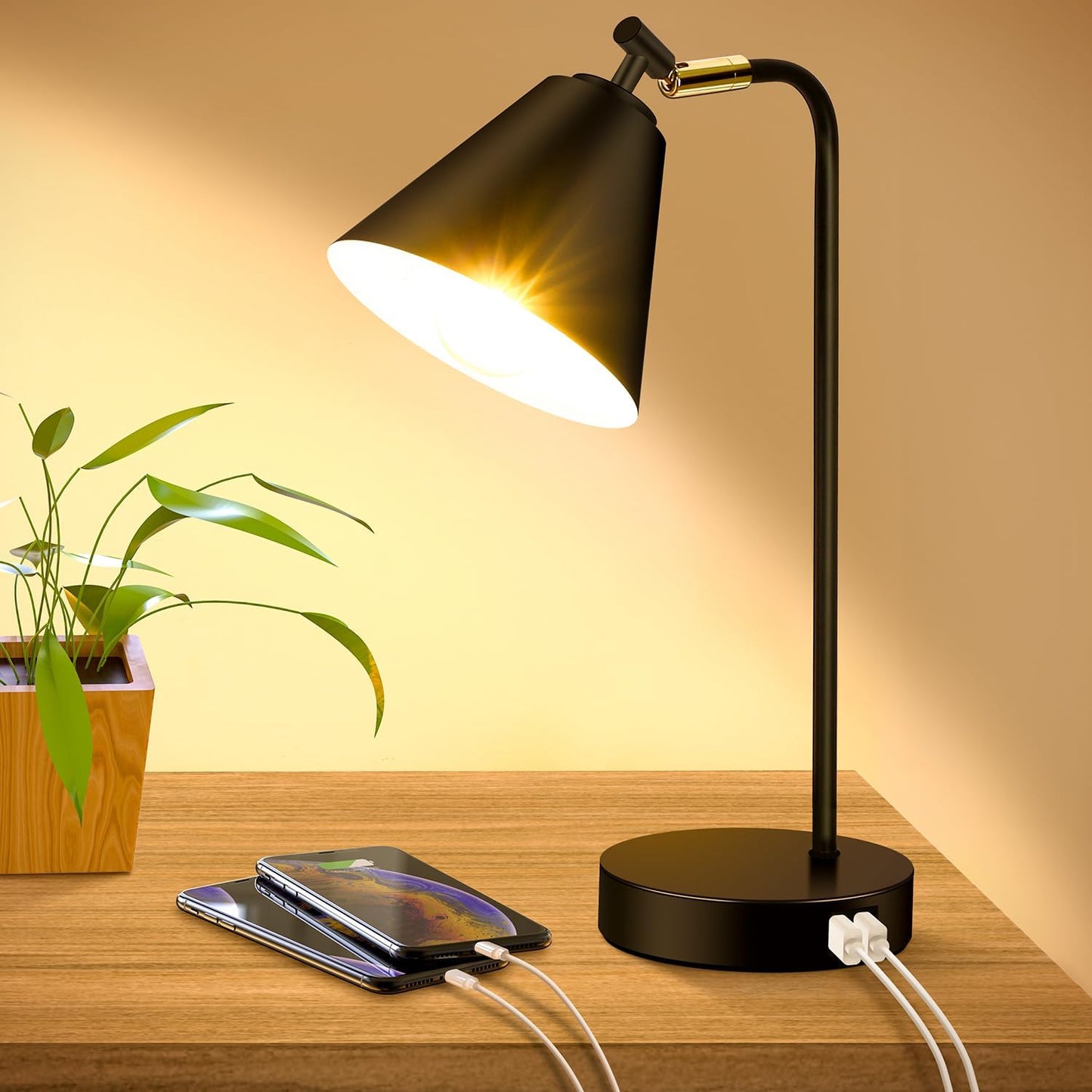 Skiennix Industrial Dimmable Desk Lamp - Touch Control with 2 USB Ports & AC Outlet | Black Metal Finish