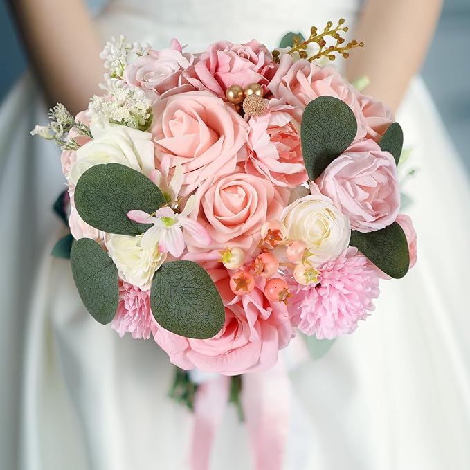 Artificial Flowers Combo Box Set Pink Roses Floral Fake Flowers Realistic Touch Flowers with Stems for Wedding Bouquets Table Centerpieces Home Decor