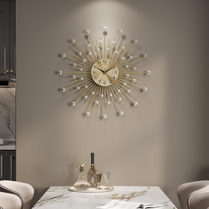 Cuspin Large Gold Wall Clock 30 Inch, Crystal Sunburst Mid Century Modern Clocks for Living Room Decor, Luxury Decorative Battery Operated Metal Clock Silent Non Ticking for Home Ddecor