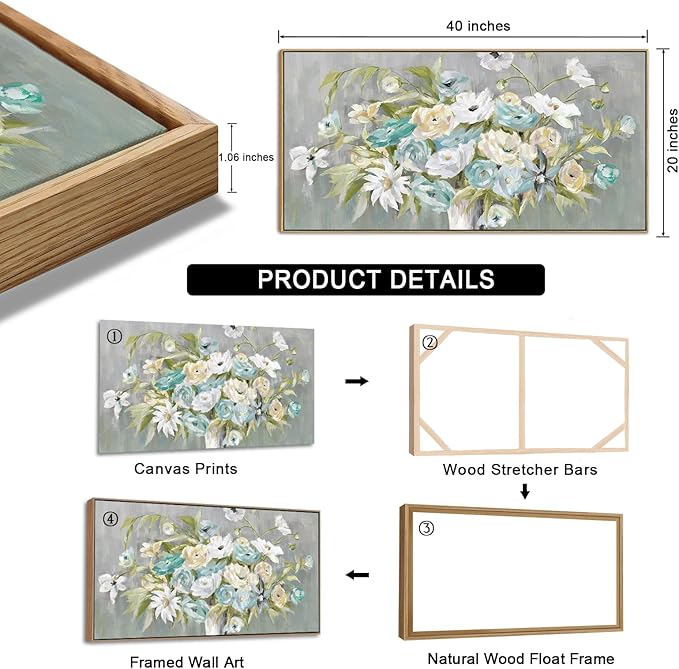 VEAEE Floral Wall Art - Float Framed Abstract Flowers Canvas Pictures Living Room Wall Decor Modern Landscape Painting Botanical Grass Artwork for Bedroom Bathroom Kitchen Office Decor 20"x 40"