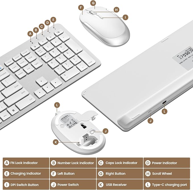 Wireless Keyboard and Mouse - Rechargeable Full Size Flat Keyboard & Mouse Sets with Build-in Lithium Battery, Ultra Thin Quiet Keyboard Mice - Silver and White