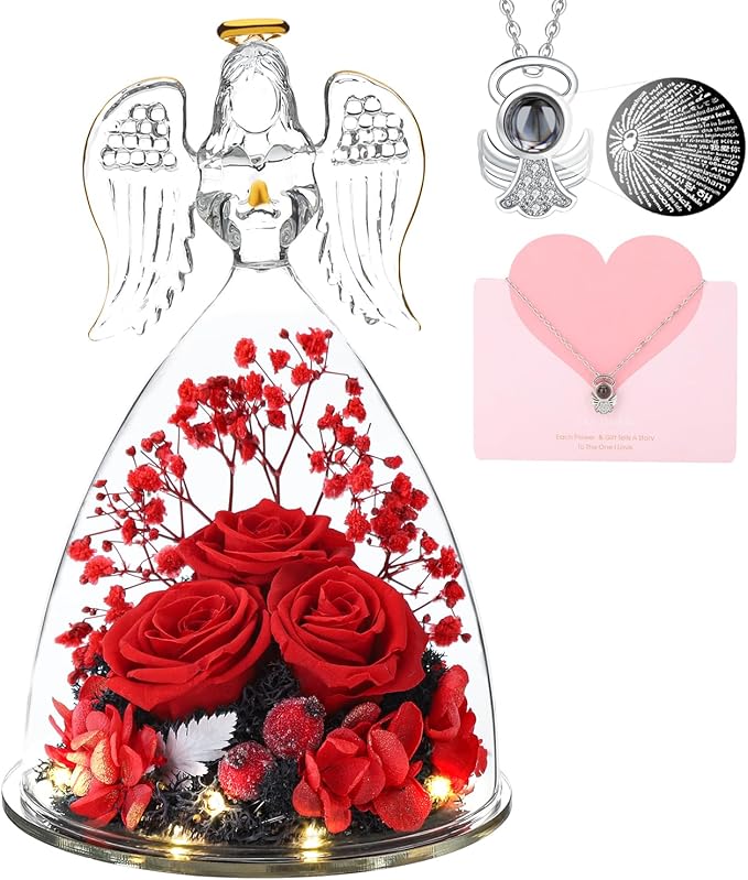 Christmas Angel Gifts for Women,Preserved Flowers Rose in Glass Angel Figurines Flowers for Delivery,Preserved Three Red Rose with Lights,Christmas Birthday Gifts for Grandma Mom Wife Her Sister