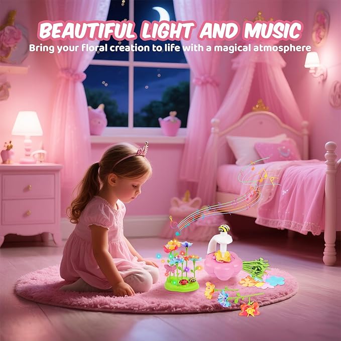 Fabric Flower Bouquets Toys with Light & Music, Deluxe DIY Arts and Crafts Kits for Kids 4-10 Year Old with Ribbons, Fridge Magnets, Greeting Cards, Birthday Gifts for Age 4 5 6 7 8 9 10 Girls (Pink)