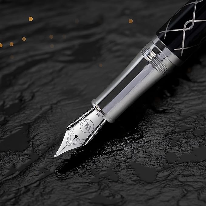 Webson Gill ‘The Weaver’ Black Luxury Executive Fountain Pen, Polished Lacquer & Chrome, Medium Nib, Smudge Free No Bleed, Use Any Fountain Ink w/Included Converter, Fits Cartridges (sold separately)