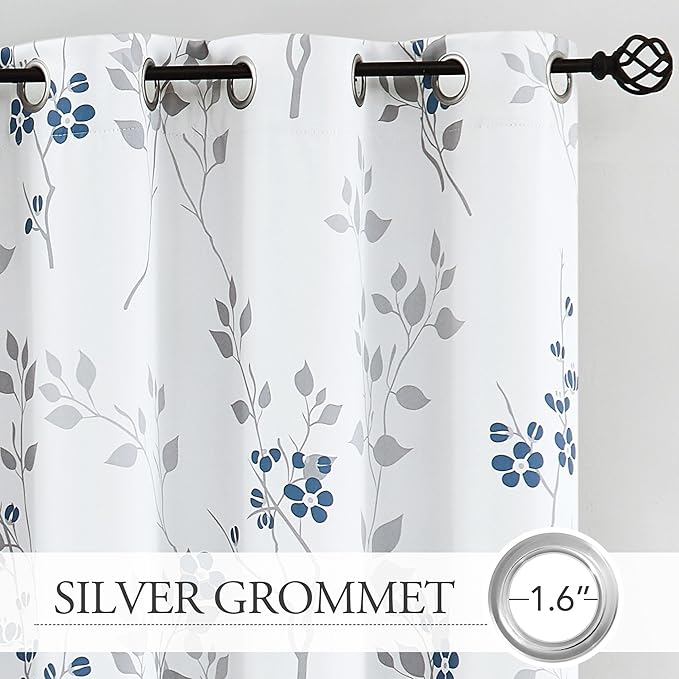 Beauoop Floral 100% Blackout Curtains 63 Inch Length 2 Panels for Bedroom Living Room Blue Grey and White Flower Patterned Room Darkening Thermal Soundproof Grommet Window Treatments Drapes, 52X63