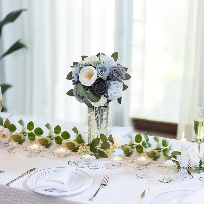 BLOSMON Artificial Flowers Ball Wedding Centerpieces 2 Pcs Dusty Blue Rose Artificial Flower Center Pieces Decoration for Table Silk Kissing Ball Floral Bouquet Arrangements Home Party DIY Decor