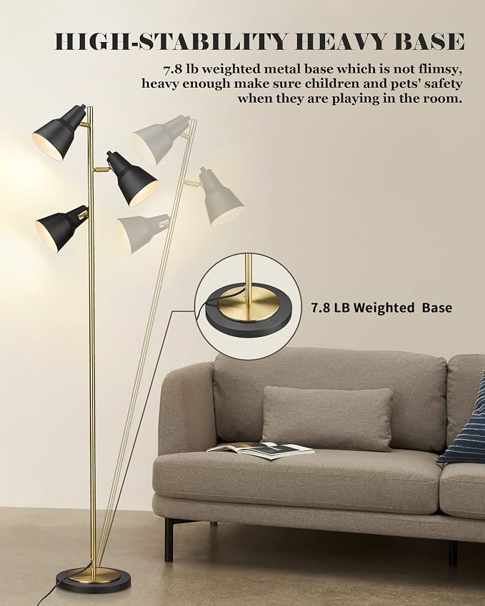 ELYONA Gold Tree Floor Lamp with 3 Adjustable Rotating Lights, Industrial Tall Pole Metal Standing Lights with 3 LED Bulbs for Living Room,Bedroom,Farmhouse,Office,Hotel, Vintage Brushed Brass & Black