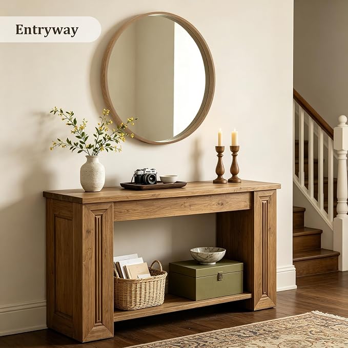 WallBeyond 36 Inch Natural Round Wood Mirror, Large Circle Wooden Frame Wall Mirror for Bathroom, Living Room, Bedroom, Entryway