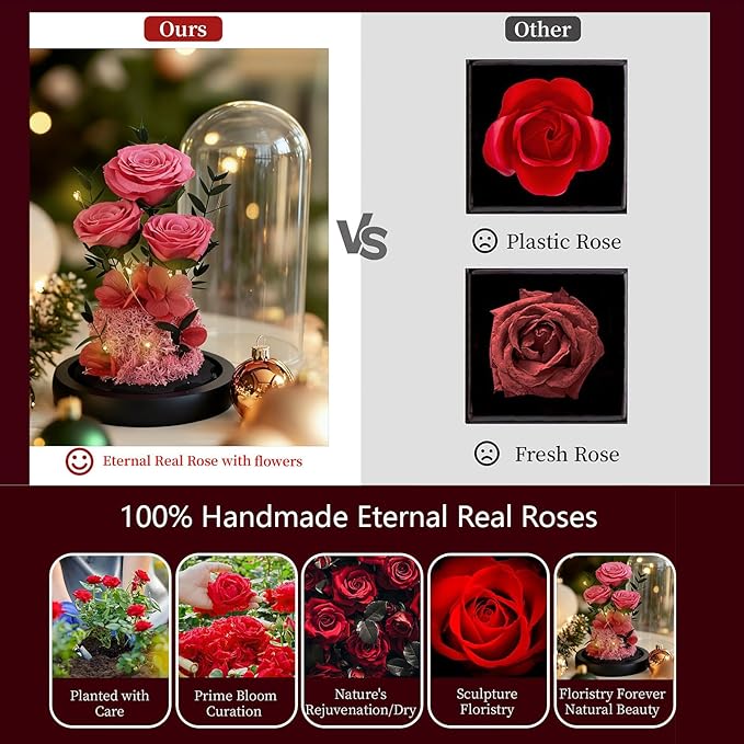 Birthday Gifts for Women Mom Fresh Flowers for Delivery Prime Forever Preserved Rose in Glass Dome Gifts for Her Girlfriend Grandma Daughter Wife Valentines Mothers Day Christmas Anniversary-Pink