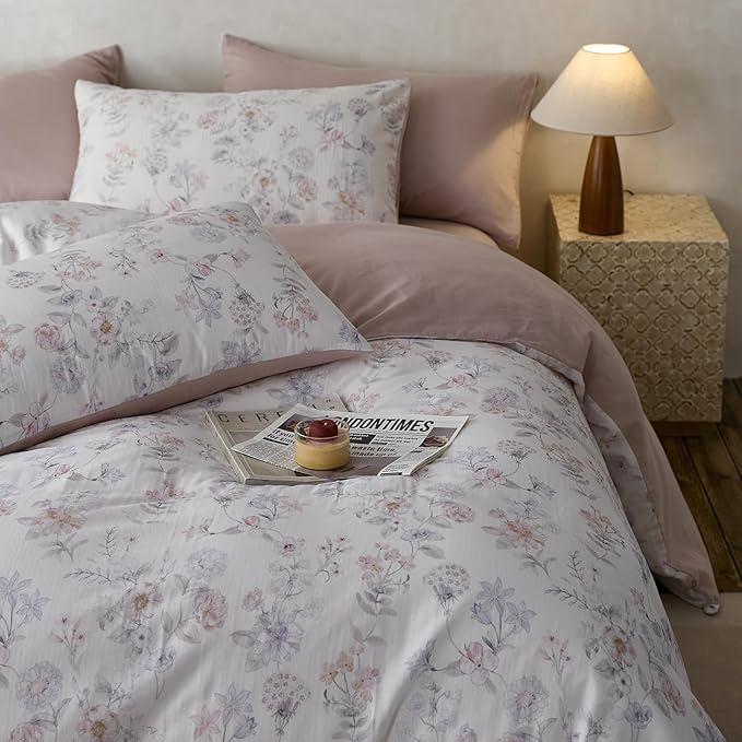 VM VOUGEMARKET Garden Flower Duvet Cover Set Queen,Lyocell & Cotton Bedding Set with Flower Pattern,Breathable & Cool Comforter Cover for Summer (Blush Pink,90x90 Inch)