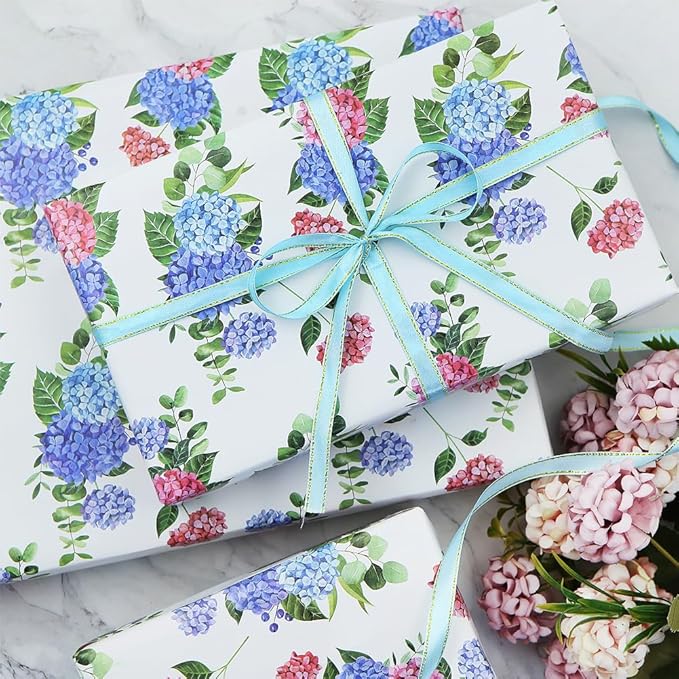 Geluode Floral Gift Wrapping Paper, Hydrangeas Wrapping Paper for Girls Lady Women, 4 Sheets Elegant Bridal Shower Engagement Gift Wrap For Birthday Wedding Anniversary Valentine's Day