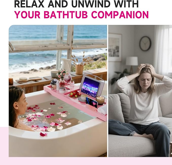 Foldable Bathtub Caddy Tray, Bamboo Bath Tub Tray Table for Tub with Wine Glass Holder Book Phone Tablet Holder with Extending Sides, Adjustable Bathroom Bathtub Free Soap Holder Gift Idea (Pink)