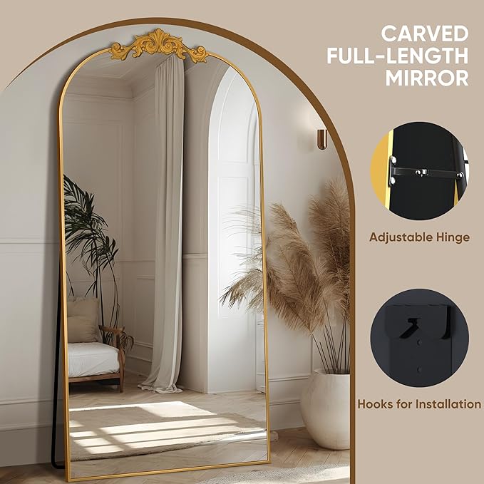 Antok Arched Full Length Mirror, 71"x28" Floor Mirror with Carved, Full Body Mirrors for HomeDecor, Standing/Halling Large Wall Mirror for Bedroom, Living Room, Cloakroom, Gold, Retro Style