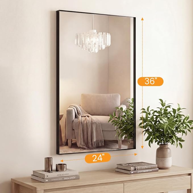 Sweetcrispy Bathroom Mirrors for Over Sink, 24" x 36" Rectangle Wall Mount Mirror with Metal Frame, Modern Vanity Mirror with Tempered Glass, for Home Decor, Anti-Rust, Black