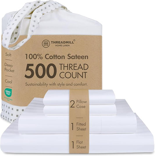 Threadmill 500 Thread Count King Size Damask Stripe, 4 Pc Luxury Cotton Bed Sheet Set, Silky Soft Hotel White Sheets with 16" Elasticized Deep Pocket, 2 Pillowcases & Free Tote Bag